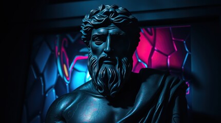 A striking dark statue of a mythological figure illuminated by colorful stained glass in a dim setting