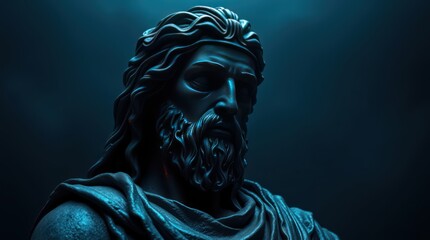 Majestic statue of a bearded figure under dramatic lighting, evoking a sense of power and history
