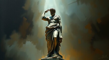 Majestic statue of a heroic figure saluting under a dramatic light in an artistic landscape