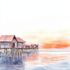 Serene watercolor depiction of a fishing village with wooden houses on stilts by the calm sea at sunset. Generative AI