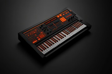 Sleek black synthesizer glowing with vibrant orange lights in a minimalist studio setting