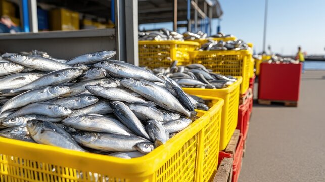 Vibrantly colored baskets overflowing with freshly caught fish can be seen at a lively fishing port bustling with activity during the day - Powered by Adobe