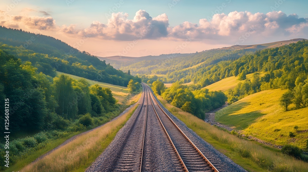 Poster train track leading towards mountains with warm sunlight and soft shadows on the railway