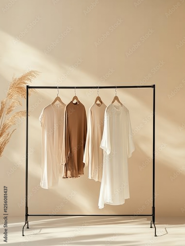 Poster minimalist clothing rack showcasing neatly arranged garments in warm, neutral tones against a soft b