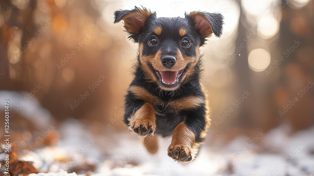 Poster a joyful puppy leaps through a snowy forest, capturing the essence of playfulness.