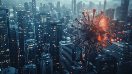 Obraz premium A virus on cityscape background. 