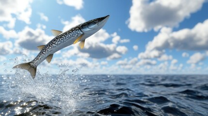 Obraz premium Fish jumps gracefully above the surface of the water under a bright blue sky filled with fluffy clouds on a sunny day