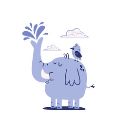 Cute cartoon elephant character with funny bird splashing drops of water from his trunk. Vector illustration isolated on white background.