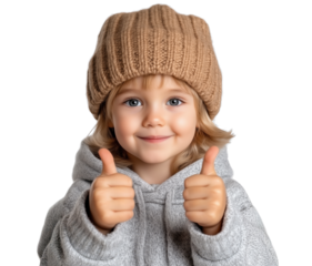 Child showing thumbs up while wearing a cozy knitted hat in a cheerful expression against a transparent background