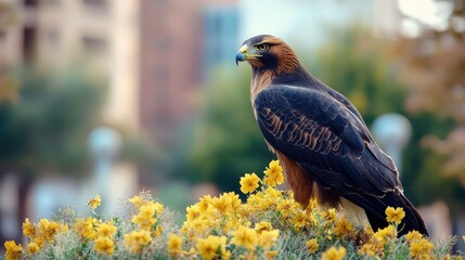 A majestic hawk gracefully perched high above vibrant yellow flowers in a bustling city park during the tranquil late afternoon light