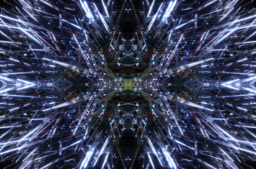 3d render of abstract art with surreal alien secret ball or fractal sphere mechanism with sharp spikes in wire structure in glass plastic in neon blue white laser light inside on black background