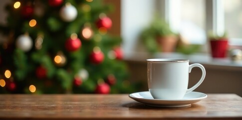 Fototapeta premium Christmas tree table with white coffee mug and festive decor, decorations, mug