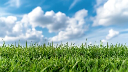 Fototapeta premium Lush green grass under a bright blue sky with fluffy clouds in a tranquil outdoor setting during a sunny day