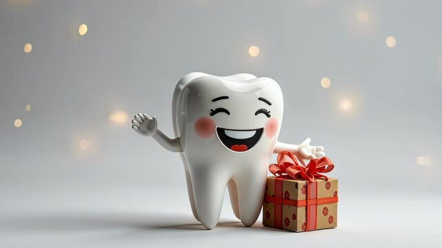  Happy tooth character holding a gift box celebrating dental health awareness