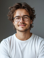Obraz premium smiling young man with curly hair and glasses, wearing white t shirt, exuding confidence and warmth