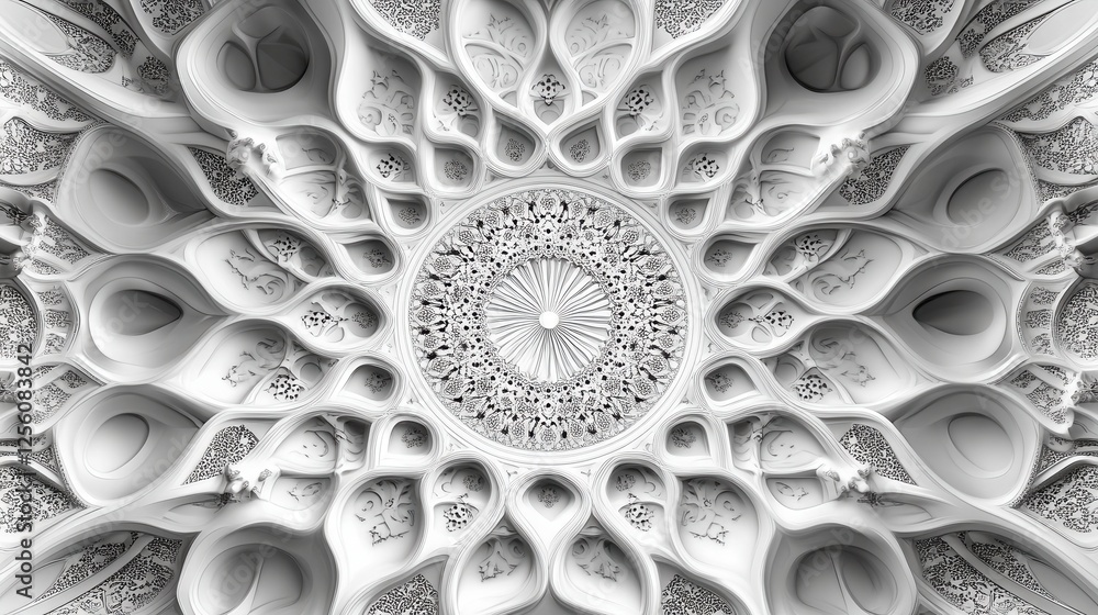 Poster intricate white architectural ceiling design featuring decorative patterns and symmetrical elements