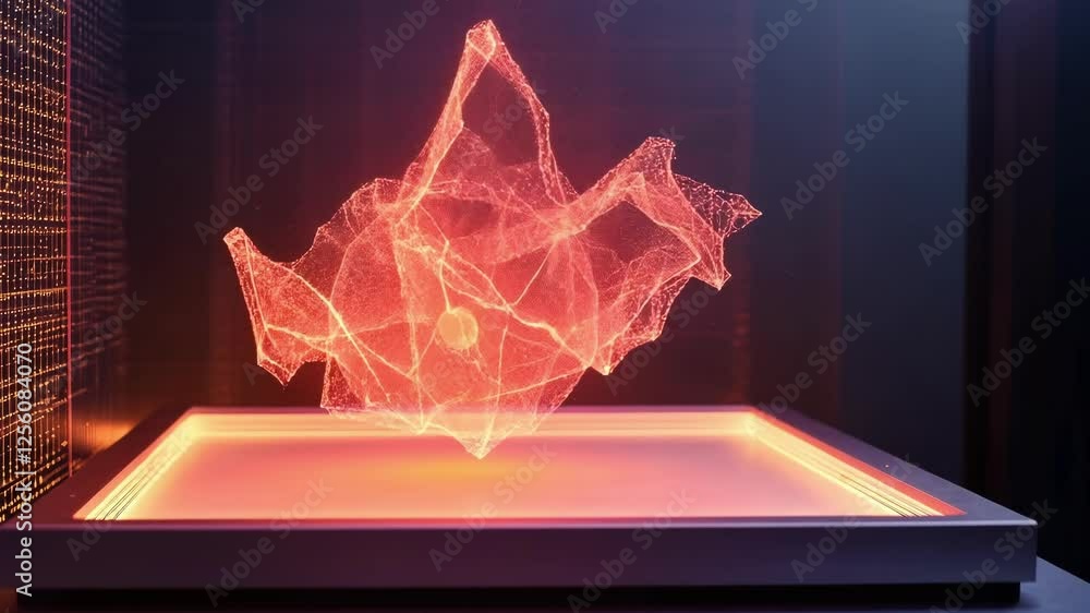 Aufkleber Glowing red particles swirling inside plexiglas display case creating abstract shape with binary code background representing advanced technology and innovation
