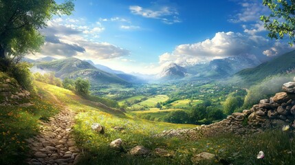 Serene Landscape with Rolling Hills and Vivid Greenery Under Clouds