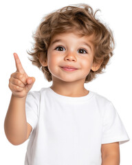 Child with curly hair pointing upward smiling brightly on a transparent background
