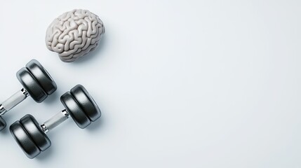 Creative representation of mental and physical fitness with dumbbells and a brain on a white background during a fitness theme