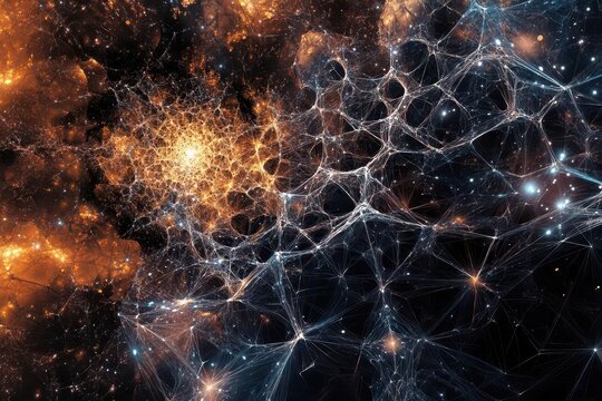abstract digital art depicting neural networks as luminous threads connecting geometric nodes in deep space