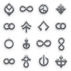 A collection of various symbolic icons, featuring infinity signs, peace symbols, and other geometric shapes in a metallic finish.