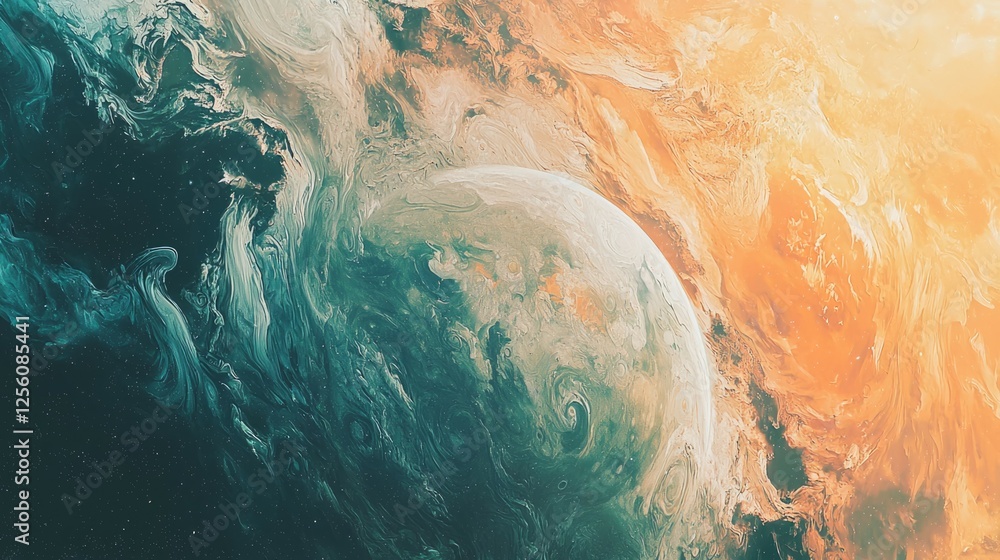 Poster colorful abstract space scene with planet and ethereal background