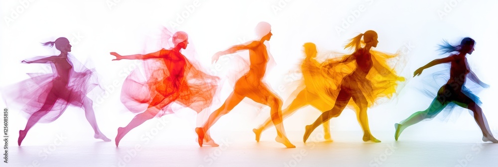 Poster dynamic silhouettes of dancers executing graceful movements with motion blur on a bright background.