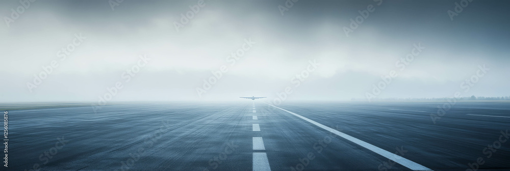 Poster runway fades into fog with soft diffused light and blurred lines at dusk
