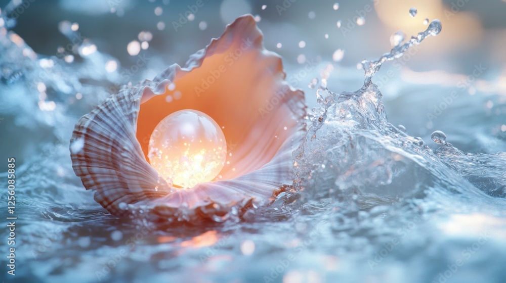 Poster a beautiful shell with a glowing pearl, floating in crystal-clear water with gentle splashes.