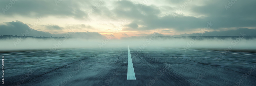 Poster runway vanishing into fog with soft light and blurred lines at dawn