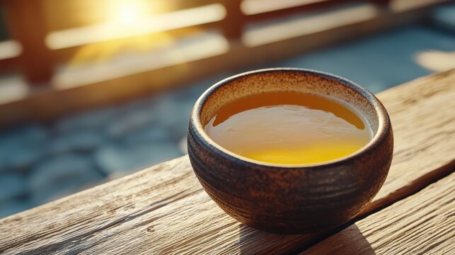 Warm butter in rustic bowl glowing in sunset light overhead angle emphasizing smoothness inviting feel food photography