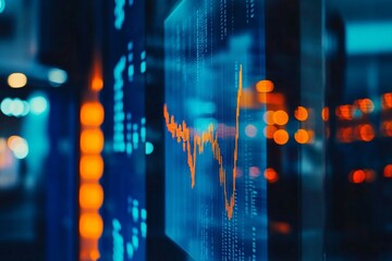 Blurry financial charts and stock market data with blue and orange theme in a modern office setting