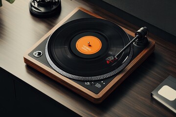 Captivating vintage turntable spinning a classic record atop a sleek wooden desk in a modern music studio