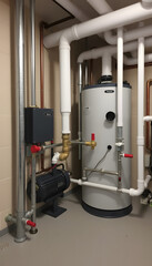 Modern independent heating system in boiler room. Pipelines, water pump, valves, heat exchanger, papercraft. with white shades