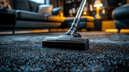 Low section view of a person using a vacuum cleaner on a plush carpet in a softly lit living room. The cozy ambiance enhances the sense of warmth and cleanliness in the home