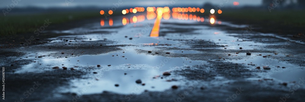 Poster reflections on a wet runway under overcast skies creating a tranquil atmosphere at dusk