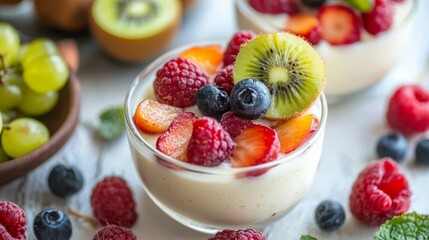 Fresh Fruit Dessert in Clear Bowl with Berries and Kiwi Slices