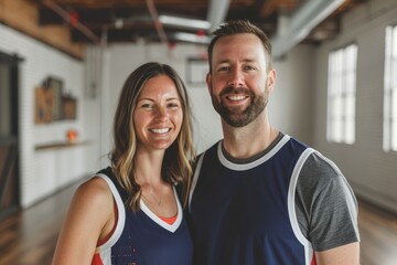 Fototapeta premium Portrait of a smiling caucasian couple in their 30s dressed in a high-performance basketball jersey over empty modern loft background