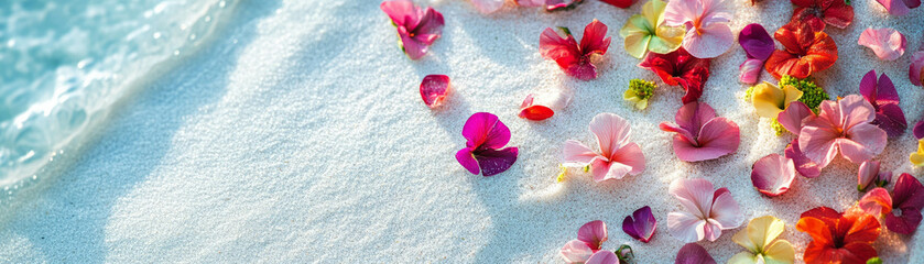 Colorful tropical flowers scattered on white sand beside crystal-clear water