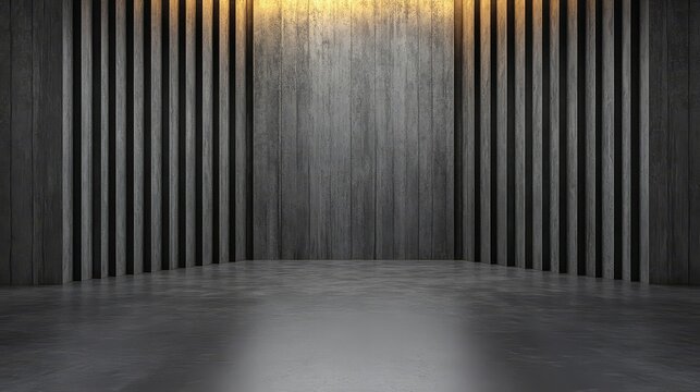 Minimalist Dark Concrete Interior with Vertical Wooden Panels and Warm Lighting