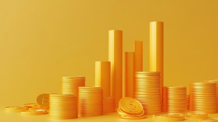 Business profits, rising bar graph with golden coins, 3D illustration.