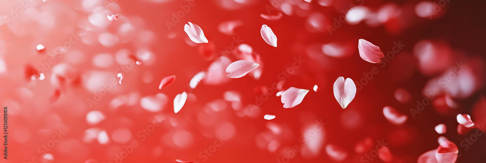 Poster Scattering sakura petals create a soft contrast against a bright red background