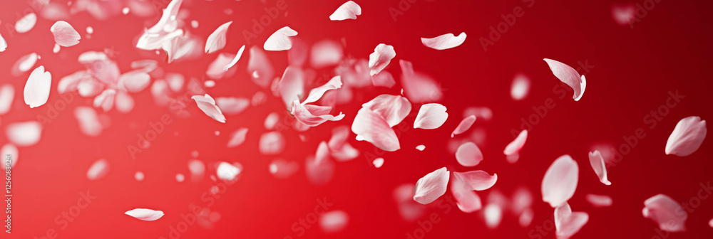 Poster scattering sakura petals on a vibrant red background for a striking visual effect