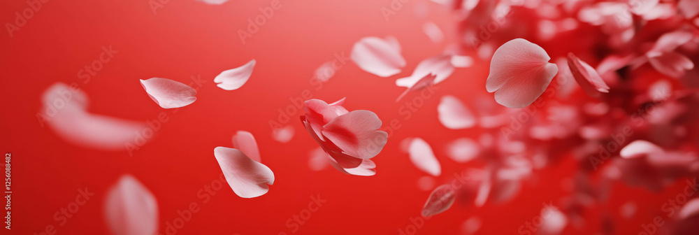Poster Scattering sakura petals creating a serene view on a bright red backdrop