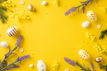 Festive yellow background featuring Easter-themed elements, including painted eggs, lavender, and...