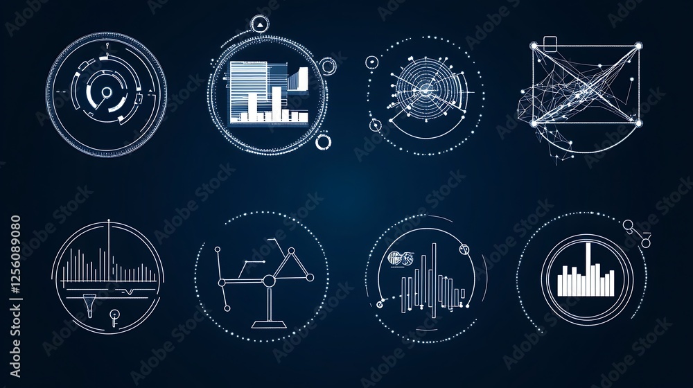 Poster simplified vector icons representing ai-driven data analysis on navy blue background