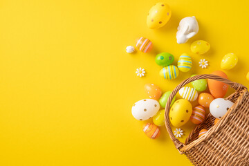 Vibrant Easter eggs spilling from a wicker basket, placed on a yellow backdrop