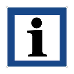 Road sign information point. The information sign warns drivers about the presence an information point nearby where they can get help or information about routes, services, attractions.