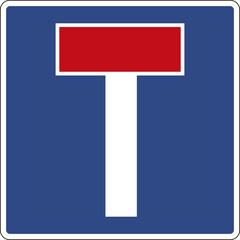 Road sign dead end. Information sign warns drivers that the road has no through passage. Indicates that the road ends in a dead end and has no exit to other streets or highways.